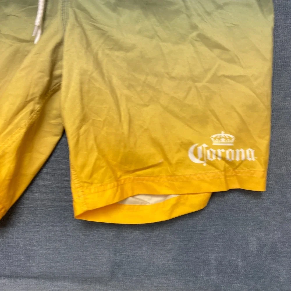 Corona Board Shorts Mens Large Blue Yellow Ombre Fade Mesh Lined Mid Rise Beach